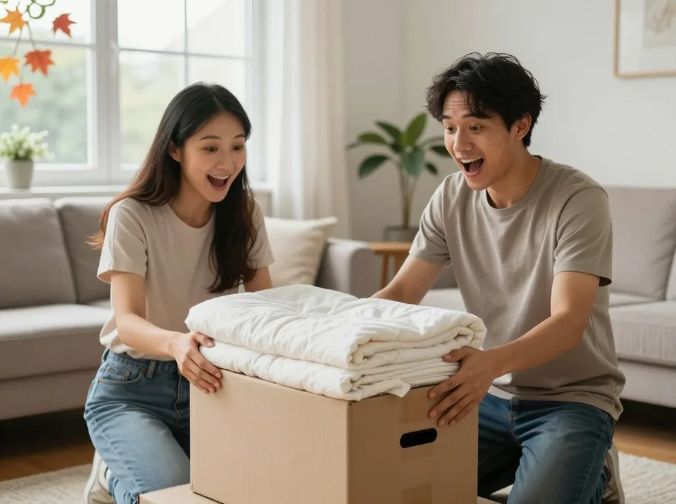 Couple unpacking a delivery box in a bright Scandinavian style living room, lifting a neatly folded weighted blanket
